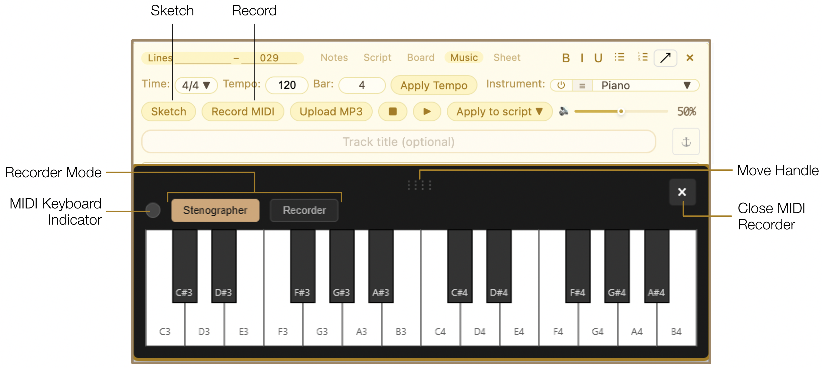 MIDI Recorder with virtual keyboard, recording controls, and MIDI Keyboard Indicator